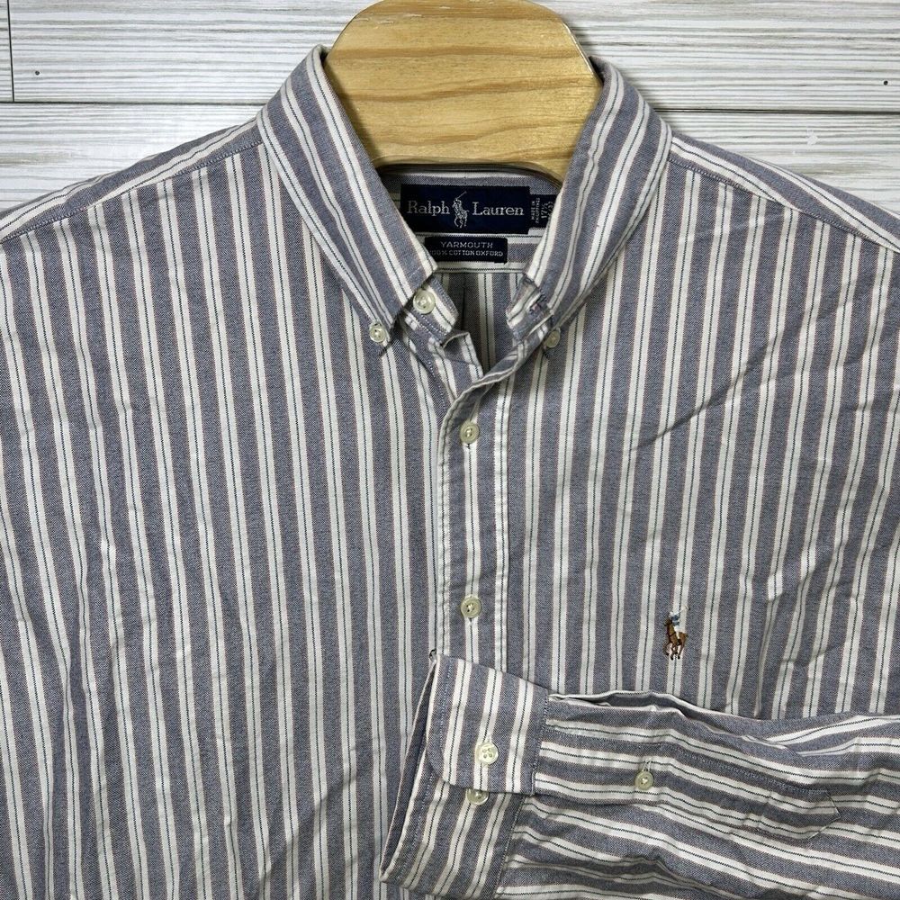 Ralph Lauren‎ Men's Yarmouth Cotton Oxford Blue White Striped Sz 17.5 (XL)